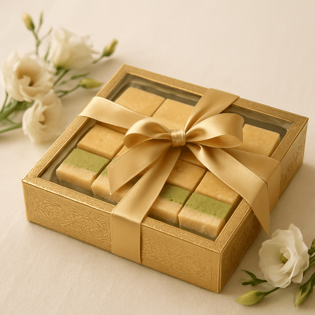 An ornate ribbon-tied gift box of premium layered mithai